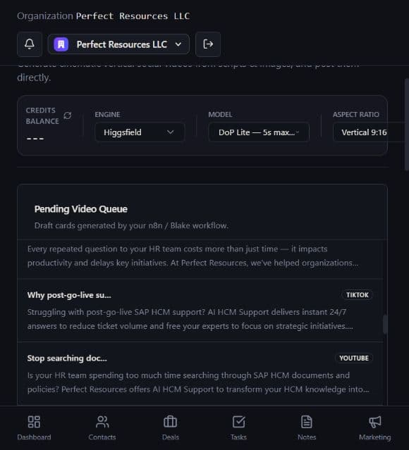 Perfect Resources CRM UGC Studio showing a video production queue